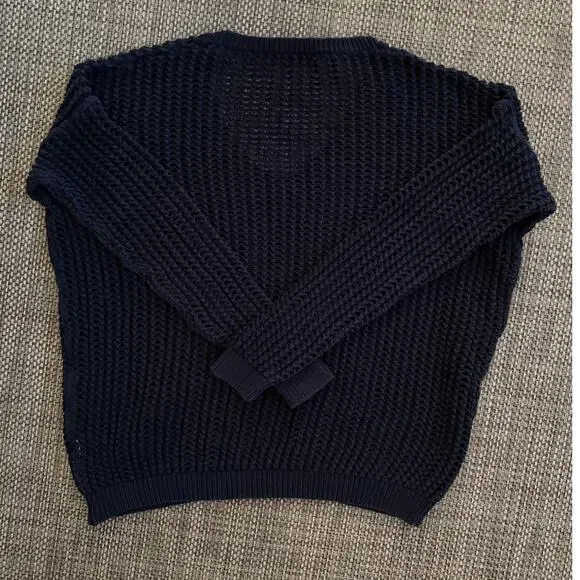 VINCE 100% Cotton Open Weave Grid Mesh Chunky V-neck Sweater Navy Blue Coastal S - Picture 2 of 4